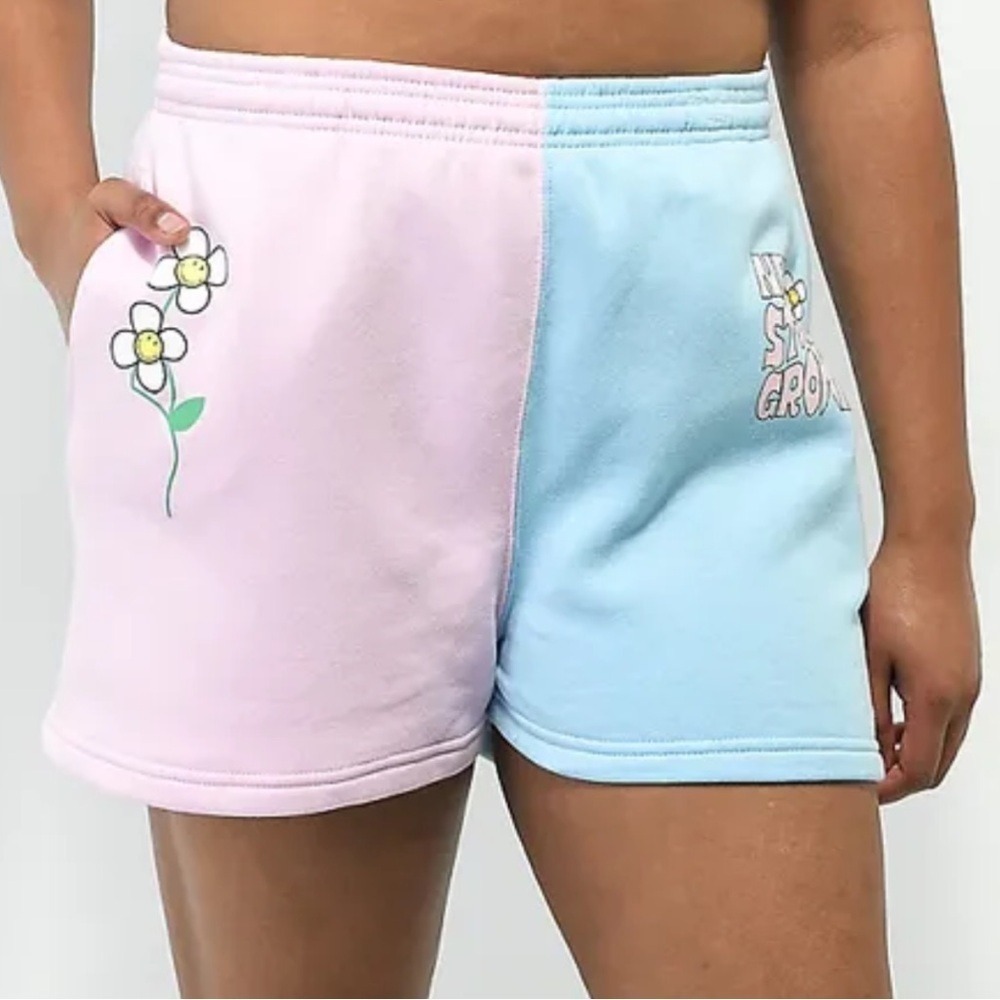 BSR Samii Ryan Smiley Zumiez never stop growing pink blue split Sweat Shorts NWT